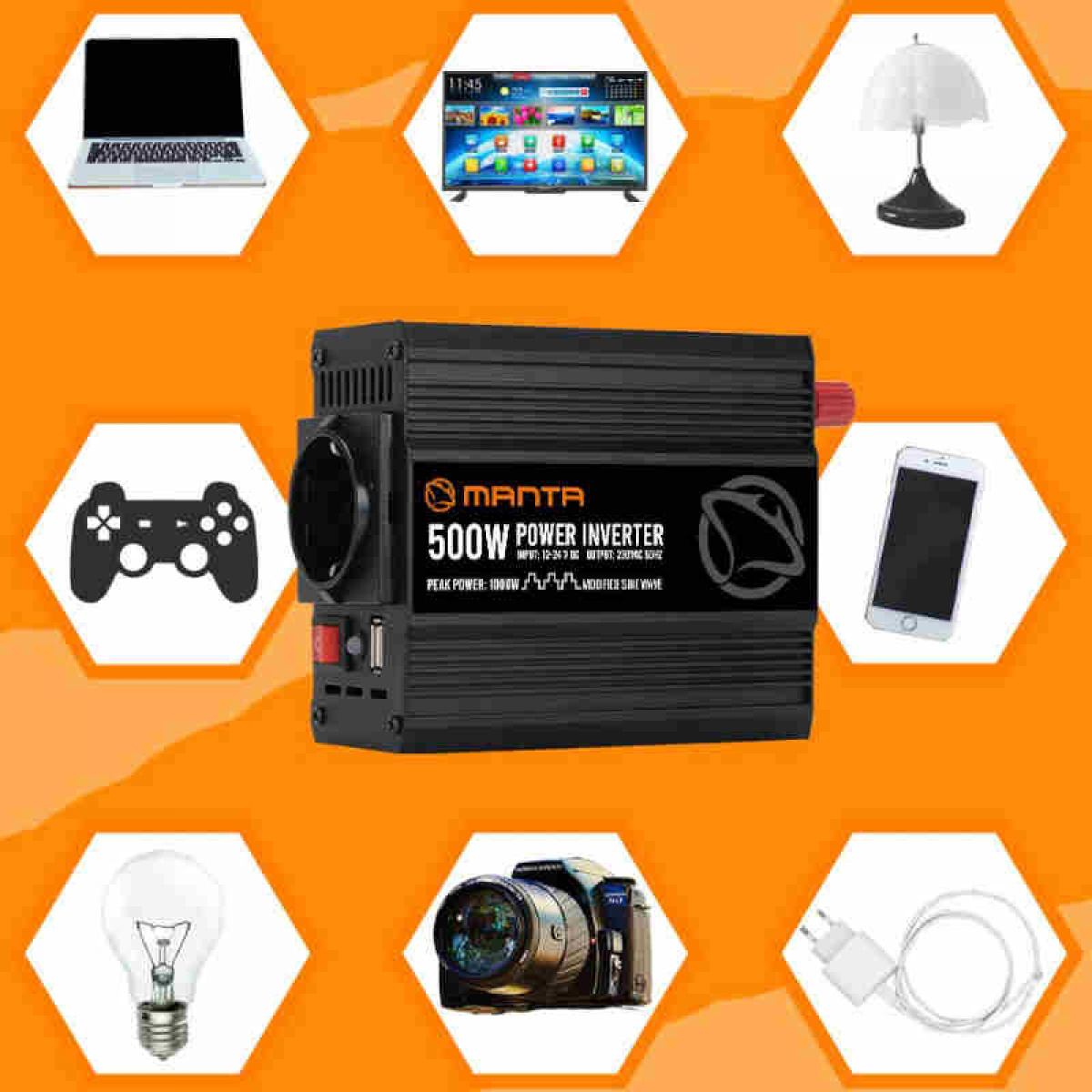 Manta Inverter 500 W i gruppen Campingvogn og autocamper / El - Elektronik / Batterier & Omformere / Inverter & Omformer / Omformer 12V Til 230V hos Campmarket (84287)